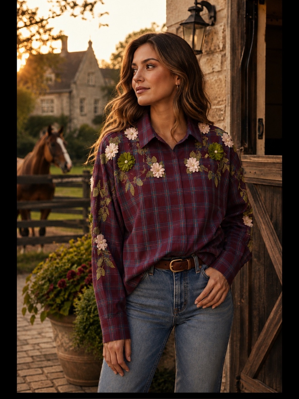 Beulah Floral Appliqué Plaid Shirt Oversized Western Cottagecore Top - Picture 2 of 13
